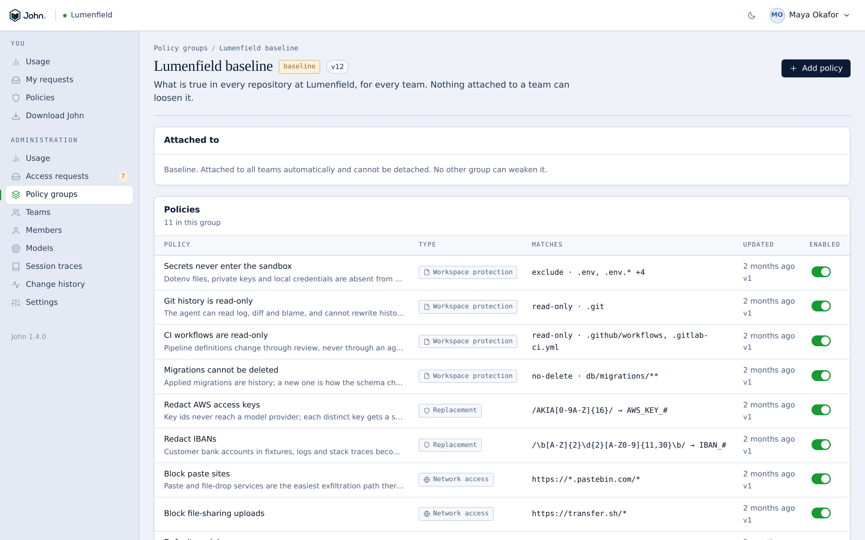 The baseline policy group in the John console: protected paths, redaction rules, blocked sites and model routing.