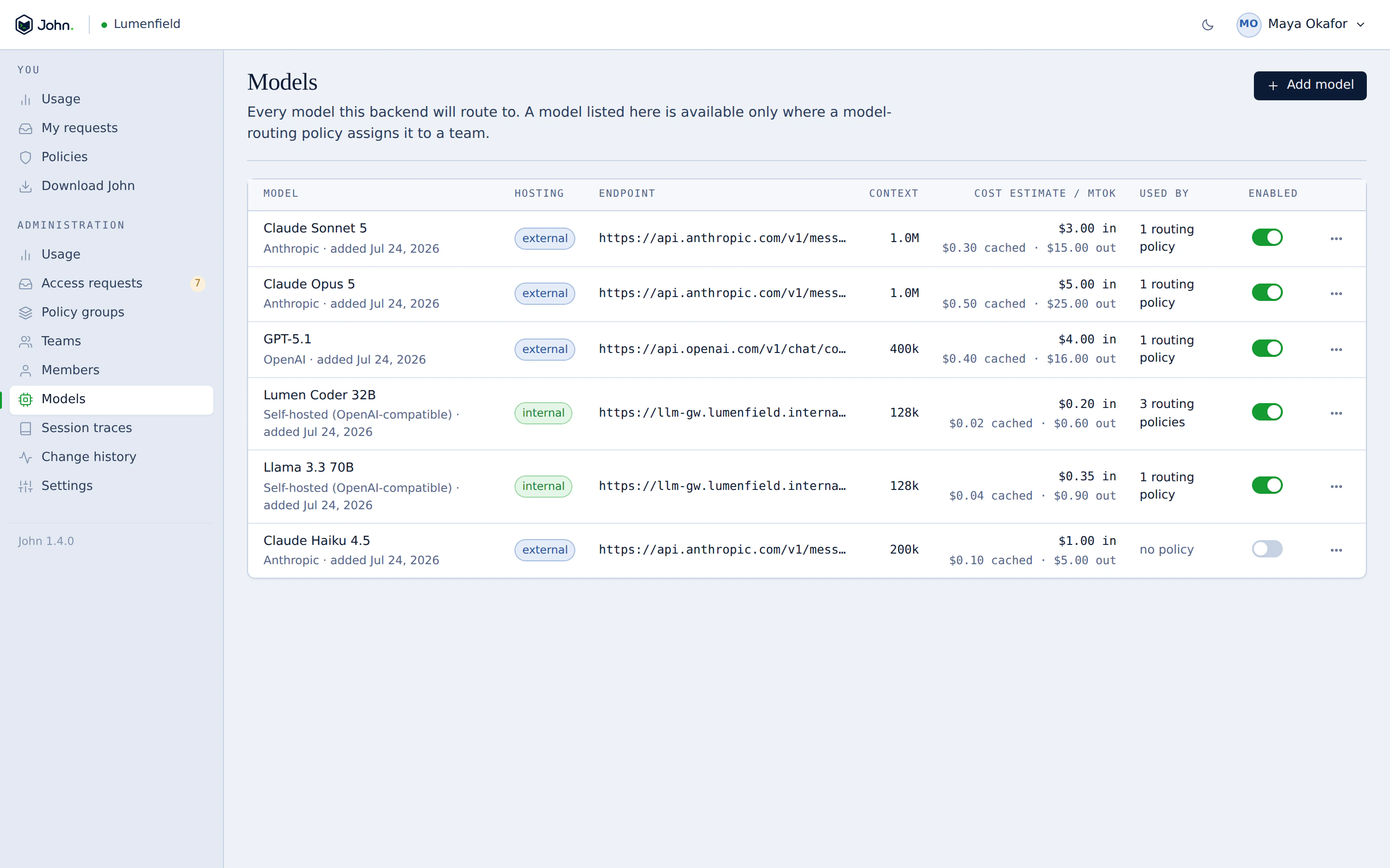 The models page in the John console: external and internally hosted models with their endpoints, context sizes, costs and the routing policies that use them.