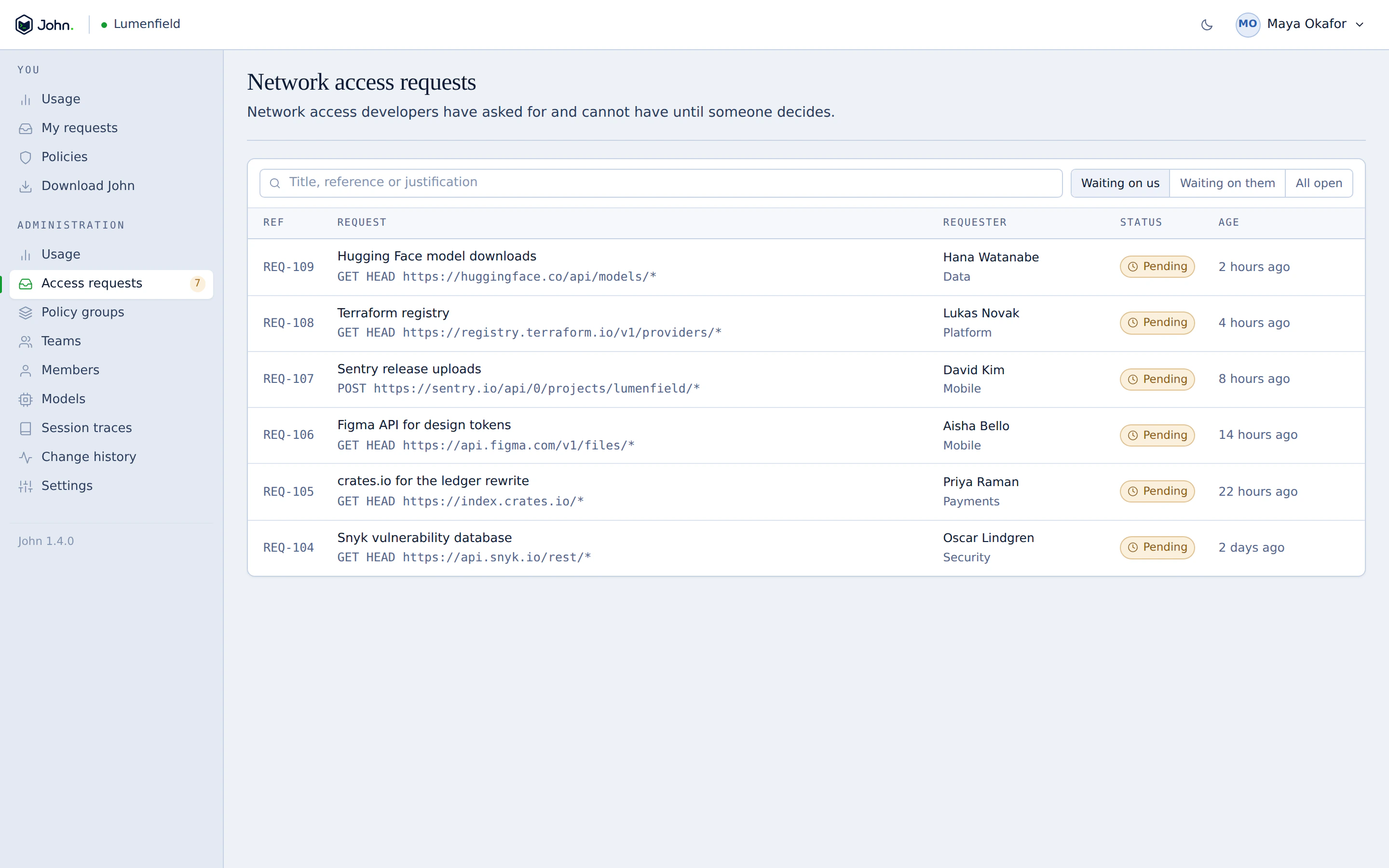 Pending network access requests in the John console, each with the requested URL, the developer and their team.
